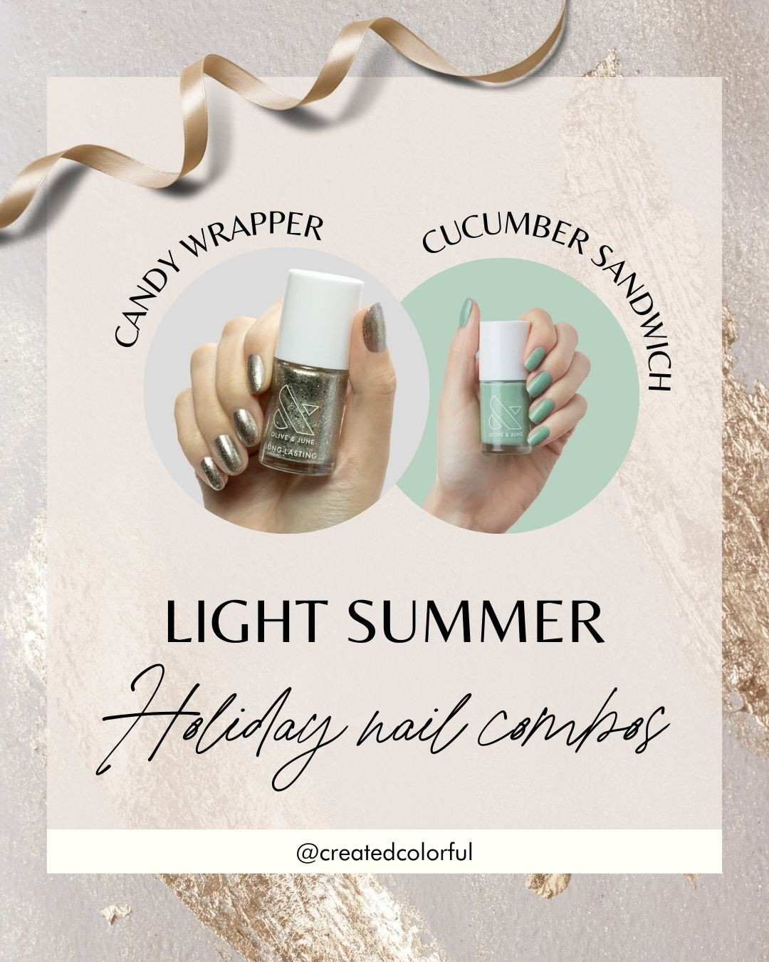 Nothing says festive like creating your own sparkle ✨

We've found the perfect mani combo for you, Light Summers! Olive & June's "Candy Wrapper" and "Cucumber Sandwich" are literally the holidays in a bottle 😍

A silver crushed metallic polish like this was meant to be on full display during the holidays!

#createdcolorful

#LTKBeauty #LTKParties #LTKHoliday