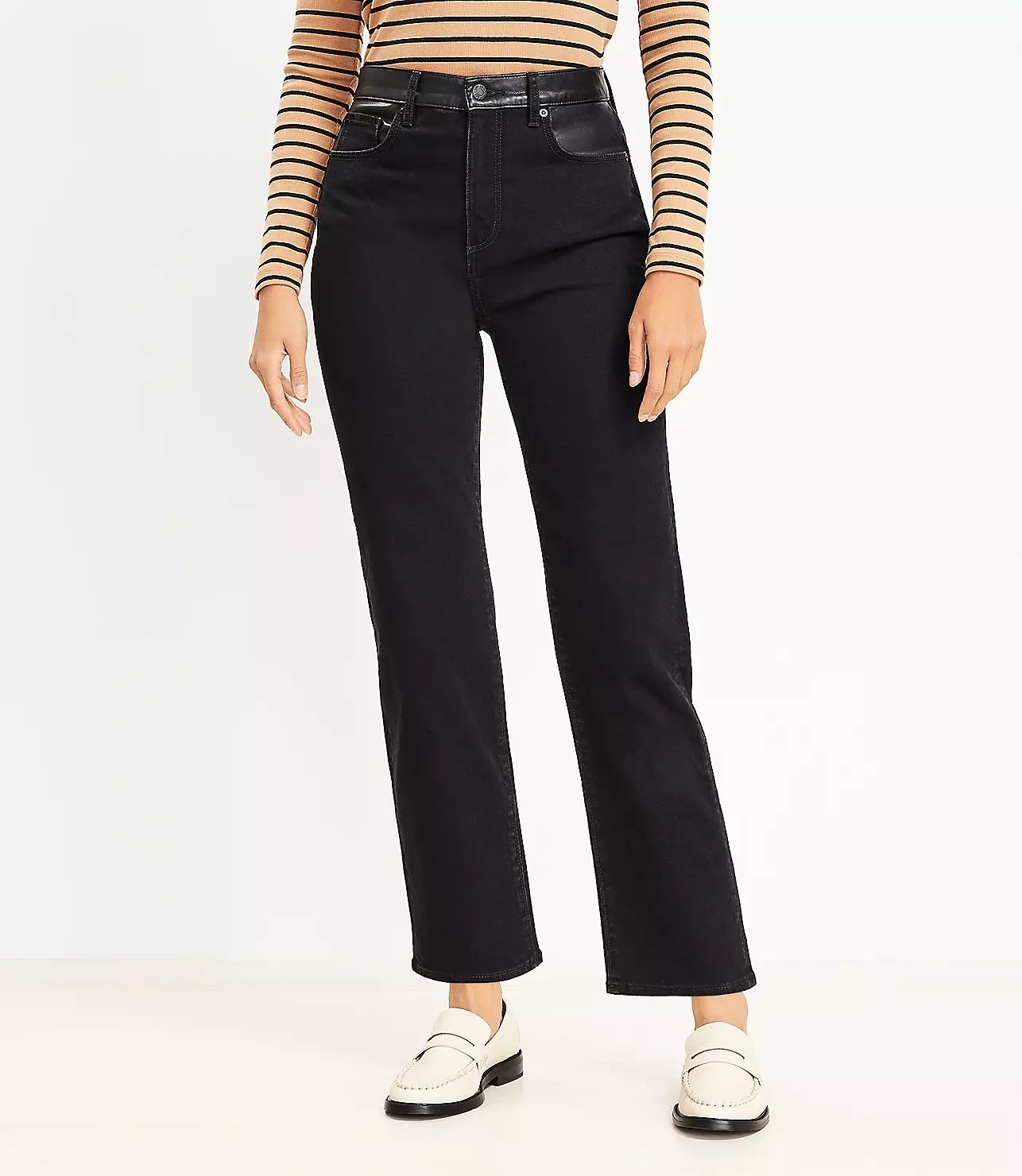 Faux Leather Trim High Rise Straight Jeans in Black | LOFT