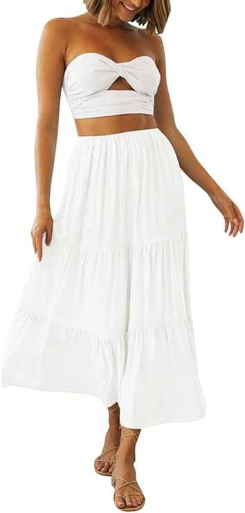 ZCSIA Women's Summer Casual Boho Elastic High Waist Solid Color Pleated A Line Swing Beach Maxi S... | Amazon (US)
