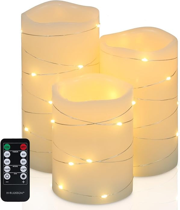 H-BLOSSOM Flickering Flameless Candles Ivory Real Wax Pillar with Embedded String Lights LED Cand... | Amazon (US)