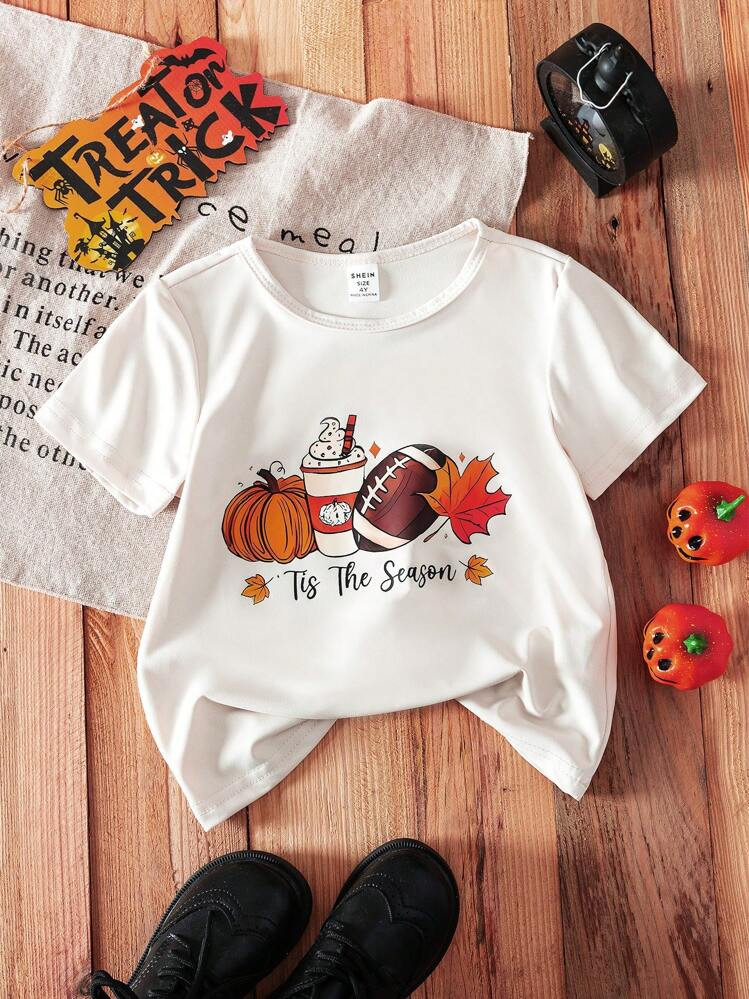 Young Girl Casual Pumpkin Pattern Short Sleeve T-Shirt Top, Summer Fashion, For Halloween Party |... | SHEIN