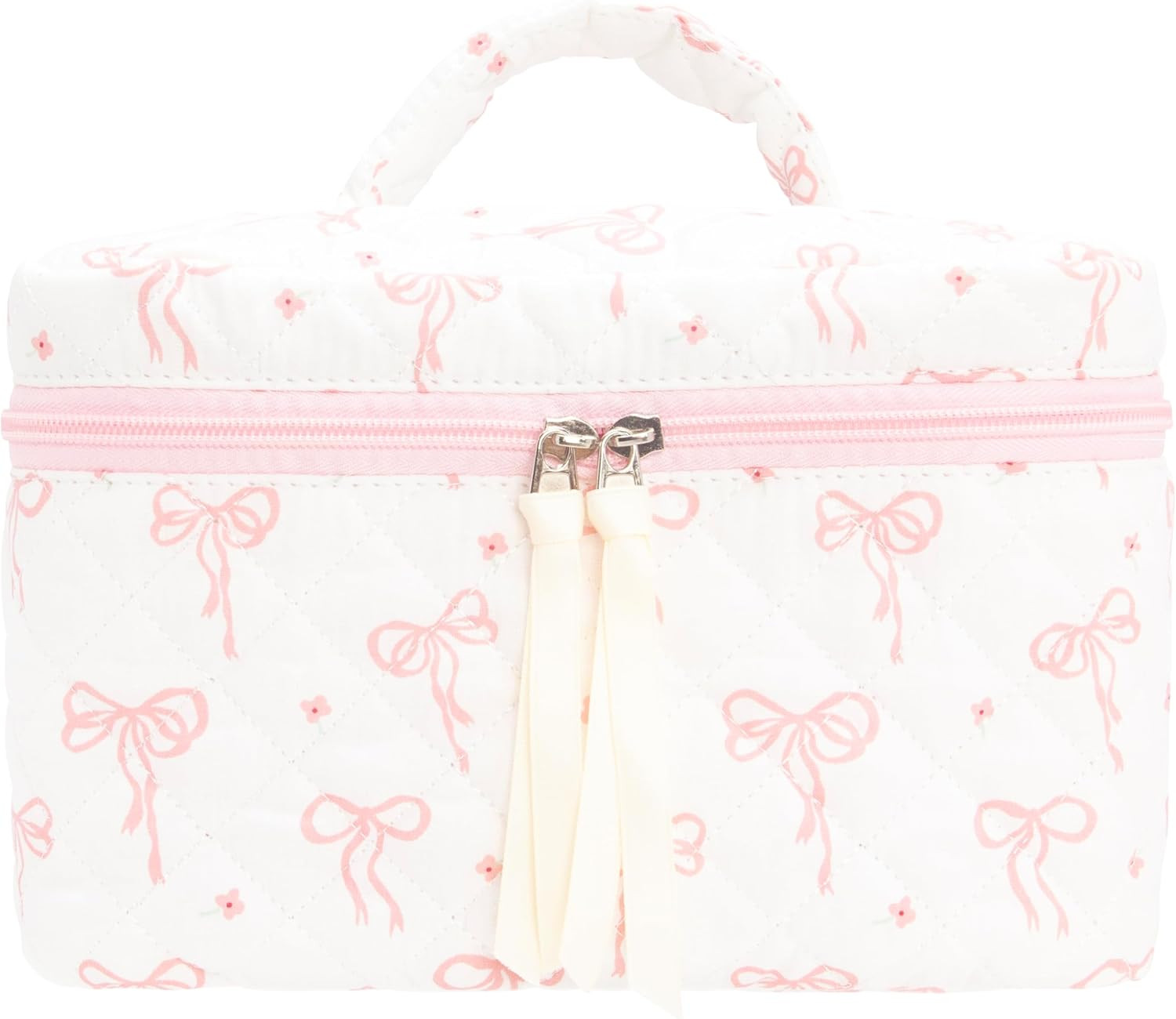 Quilted Makeup Bag Large Travel Zipper Soft Cosmetic Case for Women Girls Make Up,Bow Pink | Amazon (US)