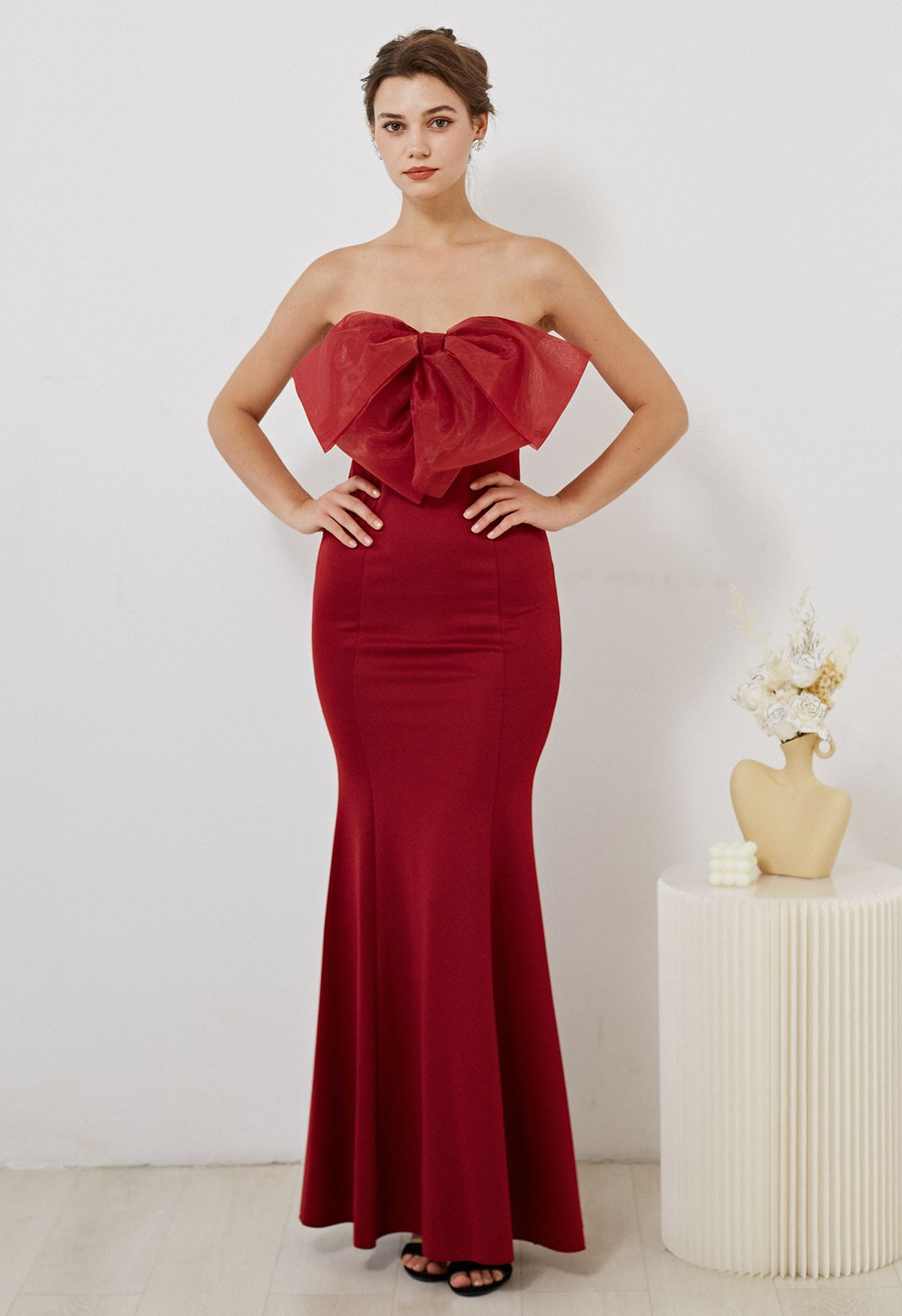 Bowknot Strapless Mermaid Gown in Burgundy | Chicwish