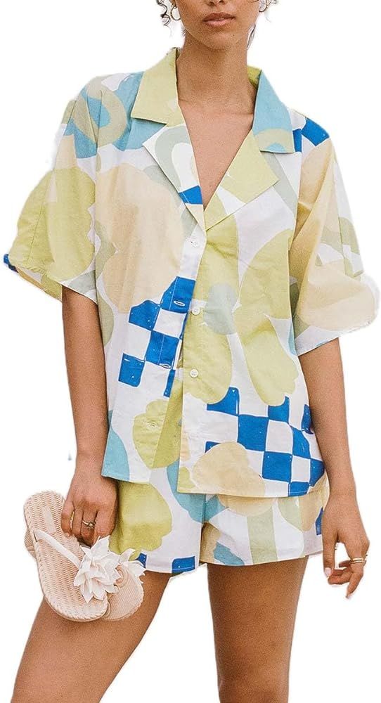 Women's 2 Piece Vacation Beach Outfits Casual Short Sleeve Button Pajamas Going Out Lounge Shirt ... | Amazon (US)