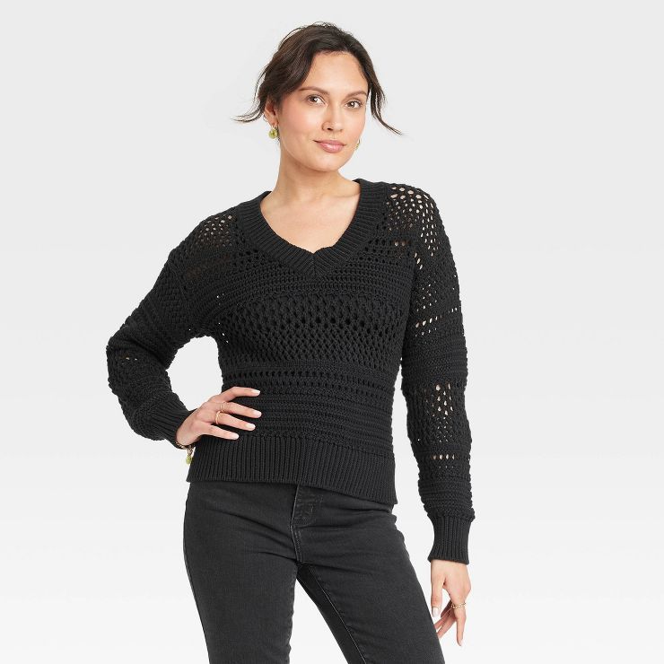 Women's V-Neck Openwork Pullover Sweater - Universal Thread™ | Target