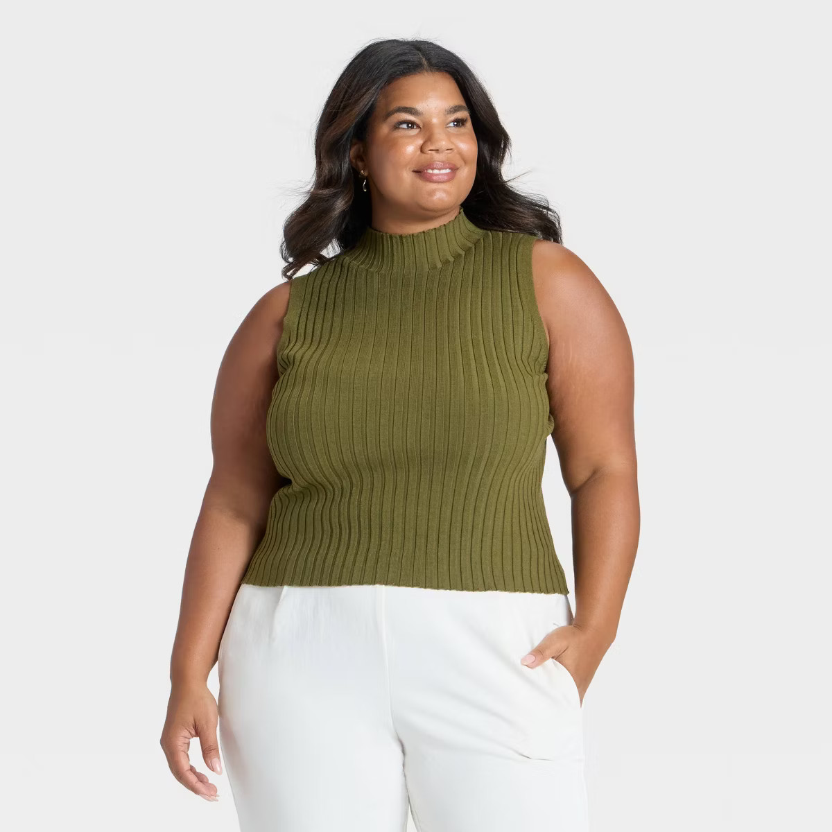 Women's Mock Neck Ribbed Sweater Tank - A New Day™ Olive Green 4X | Target