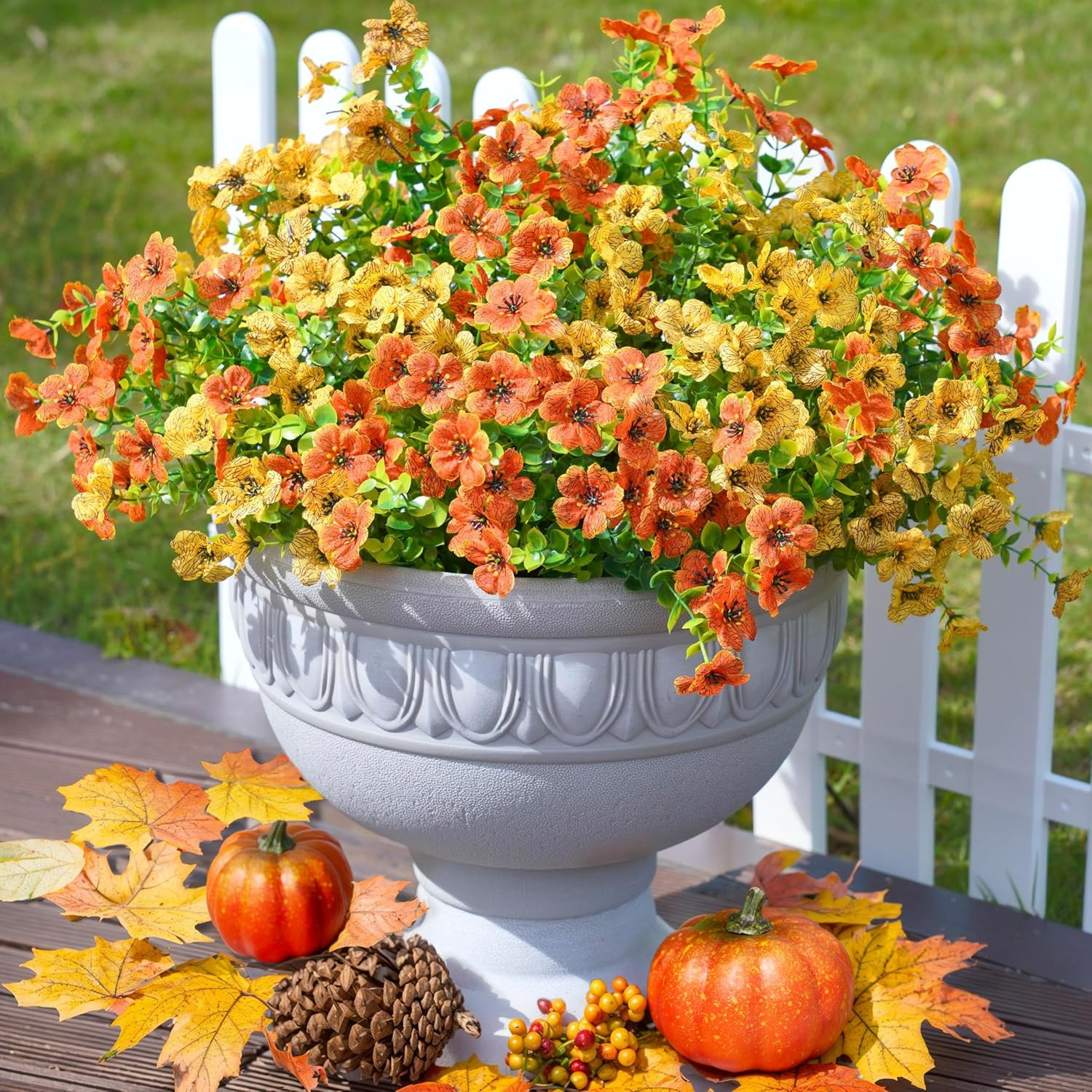Artificial Fake Fall Autumn Mums Plants Flowers for Outdoor Outside, 12 Bundles Faux Silk Orange ... | Amazon (US)