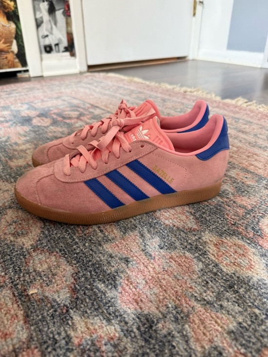 adidas Gazelle Pink Suede Sneakers with Blue Stripes and Gum Sole | Poshmark