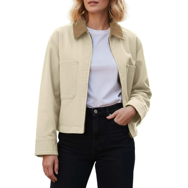 HOWPAY Barn Jackets for Women Zip up Cropped Lapel Collar Long Sleeve Coats with Pockets Vintage ... | Walmart (US)