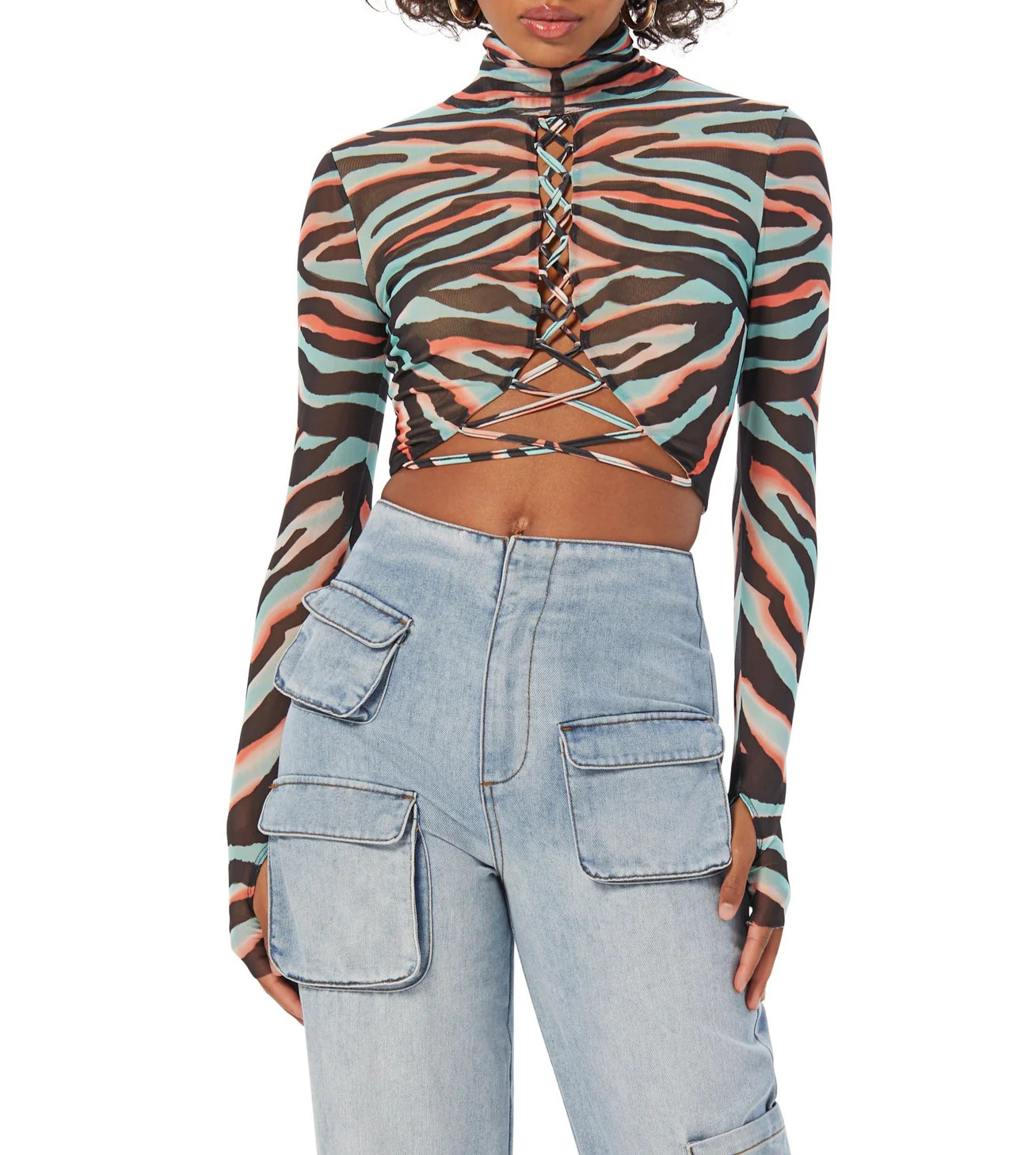 Lela Mesh Crop Top - Teal Zebra Placement | ShopAFRM