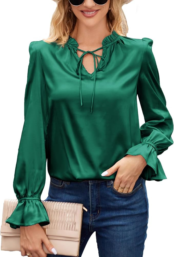 GRACE KARIN Satin Tops for Women Ruffle Bell Long Sleeve V Neck Loose Office Work Blouse Shirts S... | Amazon (US)