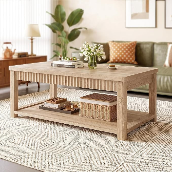 Fluted Coffee Table, 2-Tier Storage Shelf, Oak | Amazon (US)