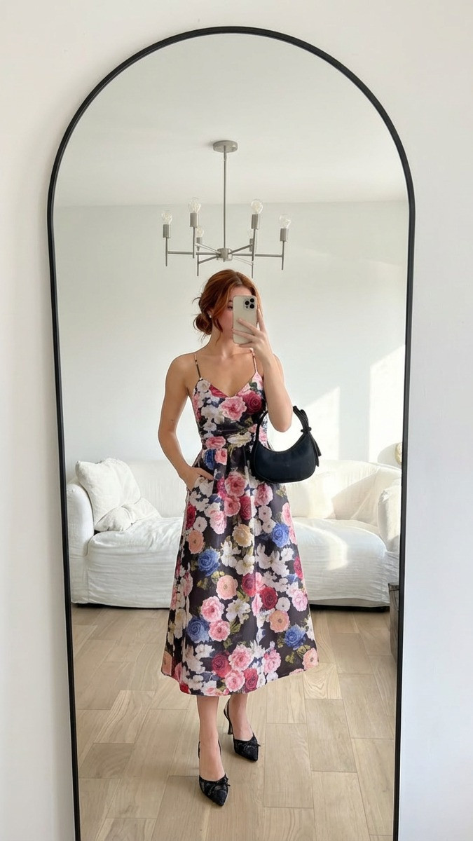 Timeless black floral midi dress 🖤🌹 styled with black slingback heels and a structured bag for an elegant cocktail wedding guest outfit. Perfect for semi-formal weddings, rehearsal dinners, and evening events. 

 #LTKootd #LTKWedding