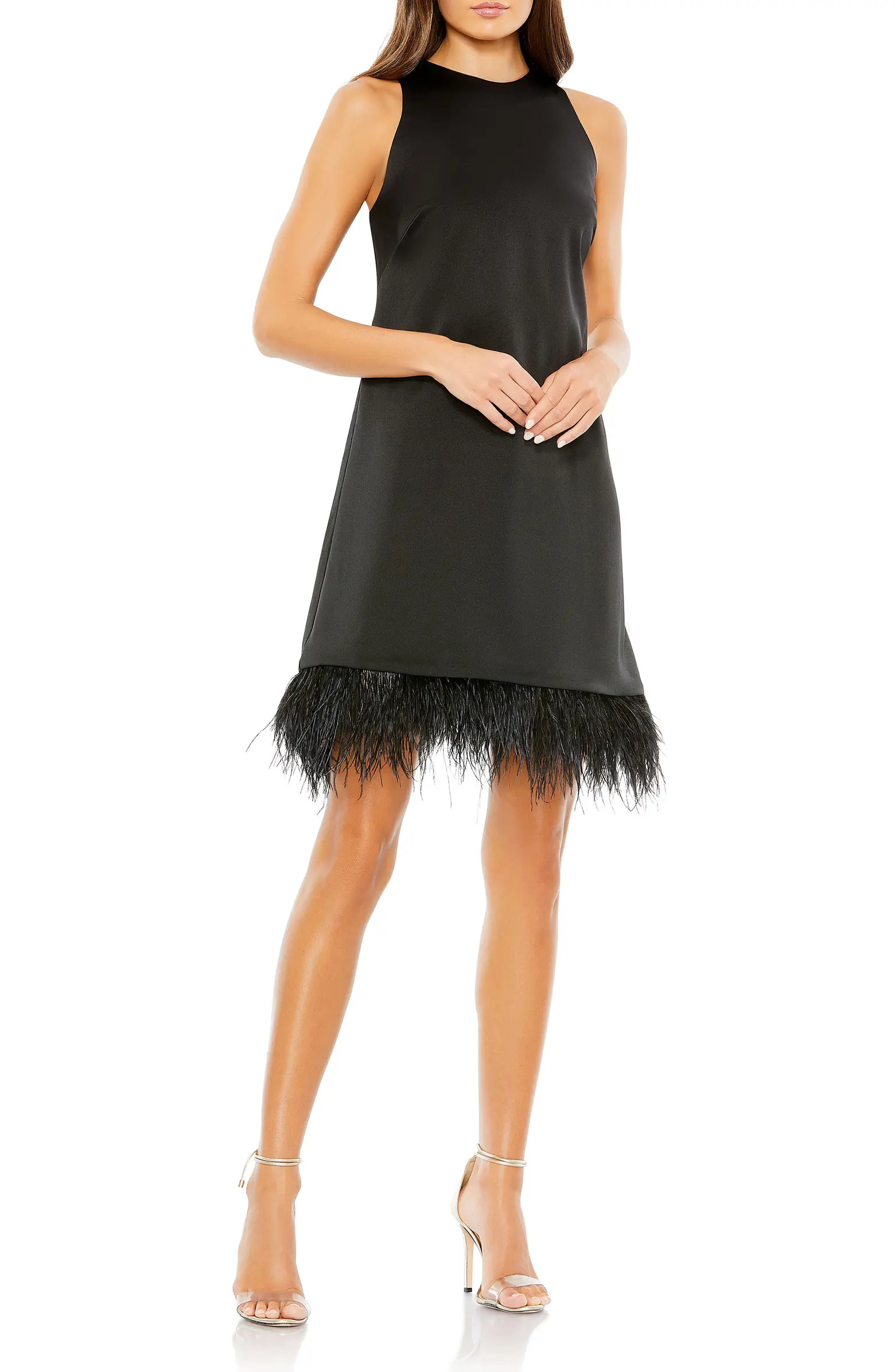 Feather Hem High Neck A-Line Dress | Nordstrom