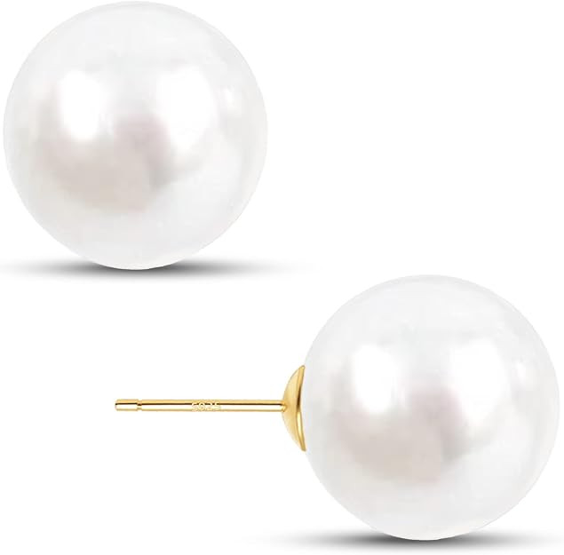 Big Simulated Pearl Earrings -18K Gold Plated Sterling Silver Oversized Faux Round Large Pearl St... | Amazon (US)