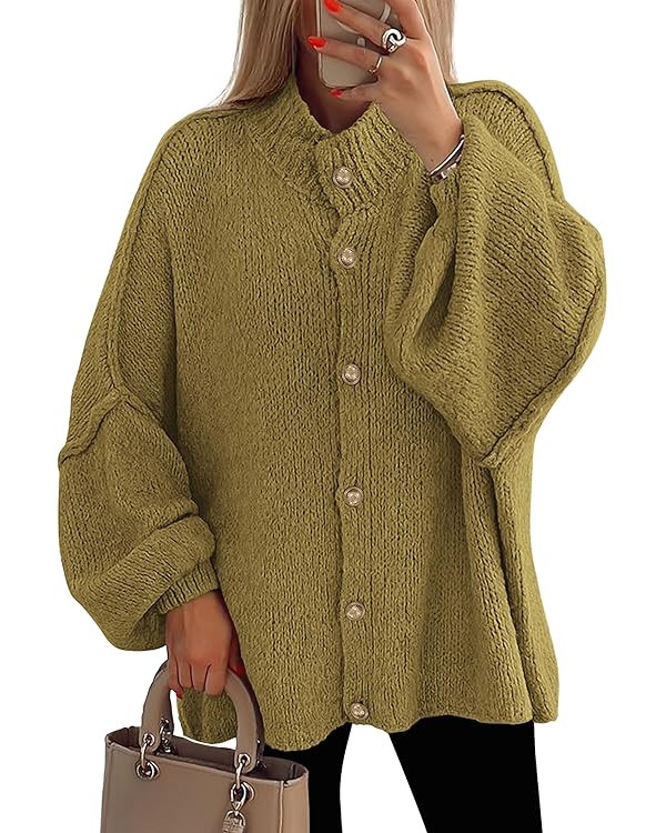 PRETTYGARDEN Women's Winter Button Down Cardigan Sweaters Mock Neck Lantern Long Sleeve Chunky Kn... | Amazon (US)