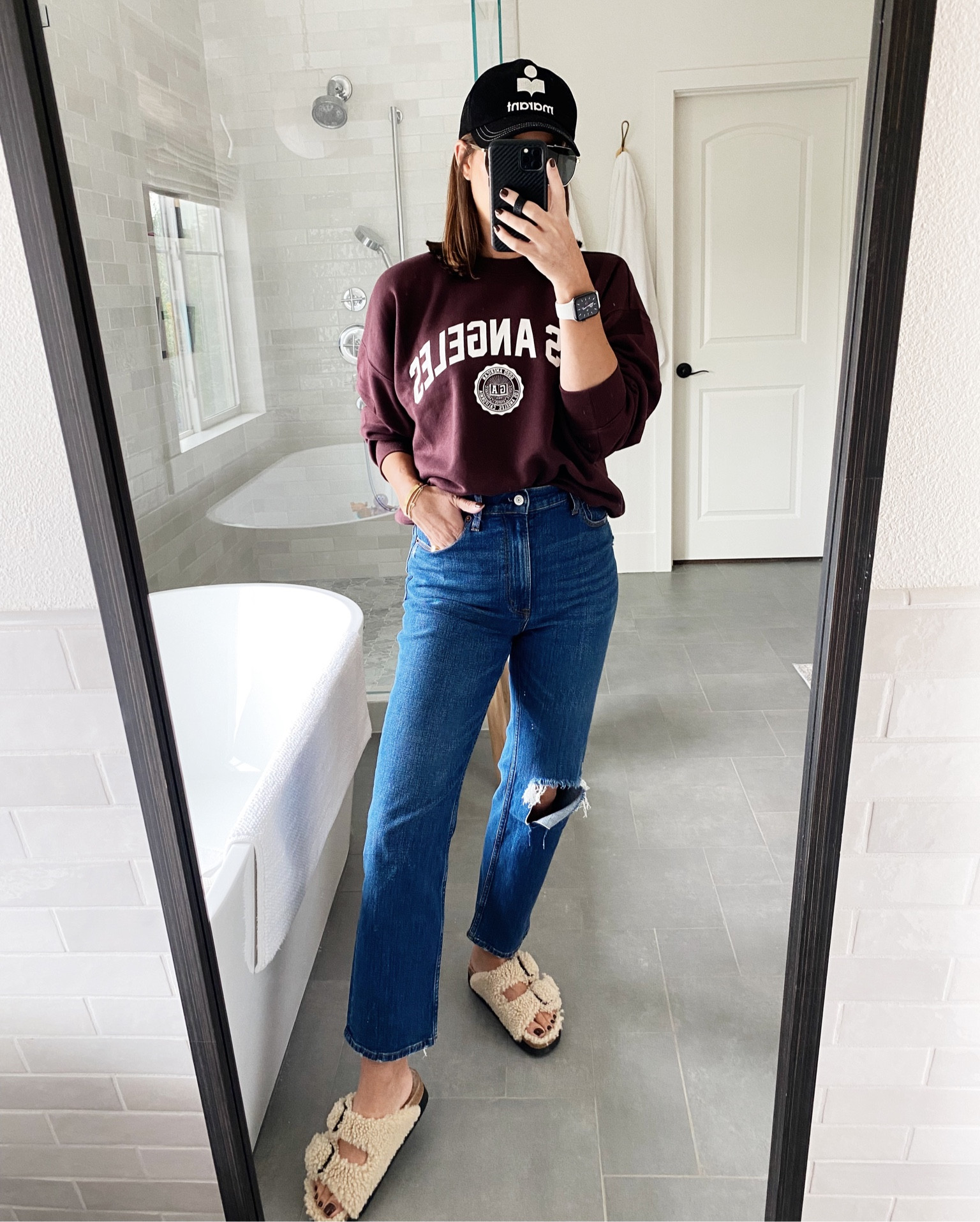 Casual outfit for drop off- sweatshirt (runs small, size up), jeans on sale (runs tts), Sherpa Birkenstocks, baseball cap

#LTKshoecrush #LTKSale #LTKover40