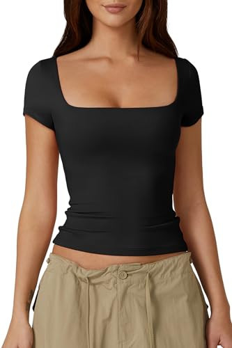 QINSEN Women's Square Neck Short Sleeve Double-Layer Tops Basic Slim Fit Going Out T Shirt Black XL | Amazon (US)