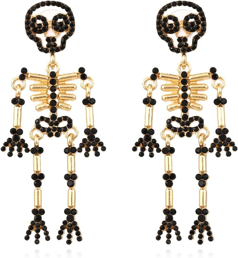 Rhinestone Skeleton Earrings Halloween Crystal Skull Dangle Earrings Gothic Skull Halloween Theme... | Amazon (US)