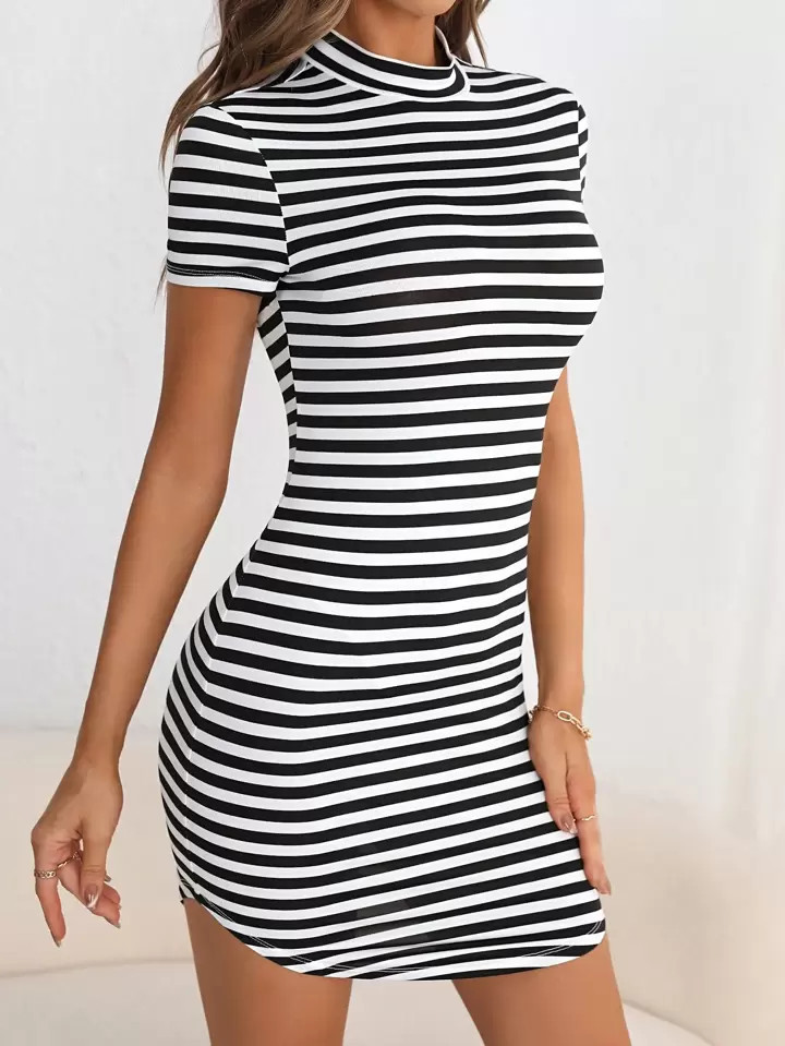SHEIN Essnce Striped Print Mock Neck Bodycon Dress Without Belt | SHEIN