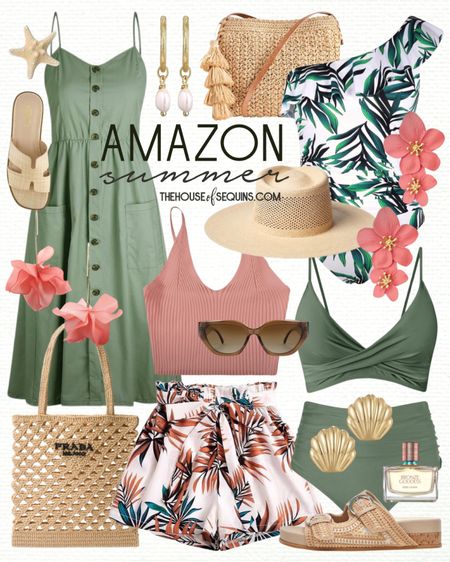 Shop these Amazon summer outfit and resortwear Vacation Outfit finds! Bikini swimsuit, raffia bag, midi dress, ribbed cami, floral shorts, straw hat, sun gear, Prada crochet tote bag, statement earrings and more! 