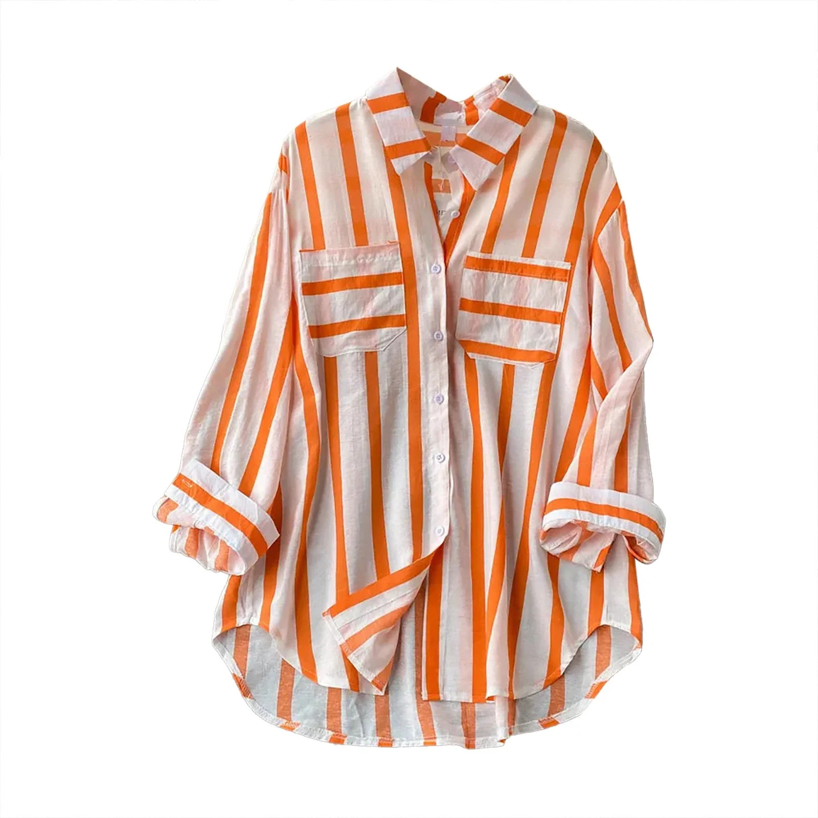 Leyerer Women's Mid Length Vertical Stripe Casual Loose Long Sleeve Shirt Top -orange M | Walmart (US)