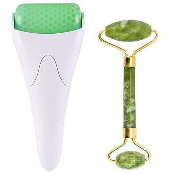 Face Ficial Jade Ice Roller – Natural 100% Real Jade Roller Anti Wrinkle Gua Sha Tool With Cool... | Amazon (US)