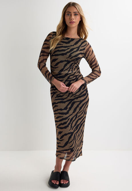 Womens Brown Animal Print Ruched Sides Midi Mesh Dress | Peacocks