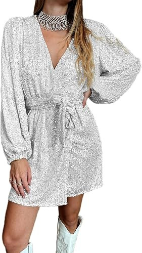 Ababalaya Sparkly Sequin Mini Wrap Dress for Women V-Neck Long Puff Sleeve Glitter Clubwear Party... | Amazon (US)