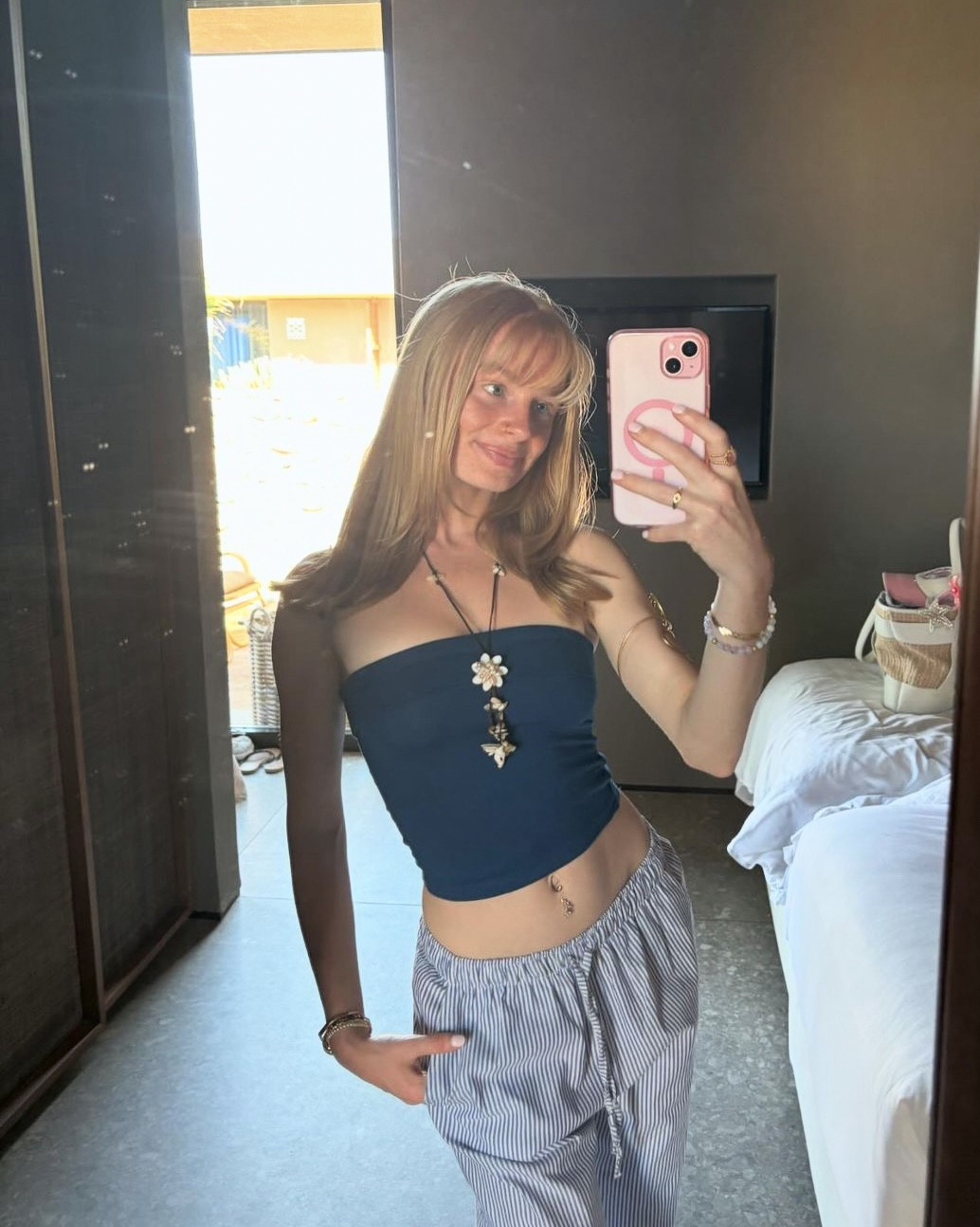 🇬🇷☀️Stradivarius Navy Bandeau Top, Stradivarius Striped Poplin Trousers! 

Jewellery is handmade so unable to link 🤍

#LTKuk #LTKtravel #LTKsummer