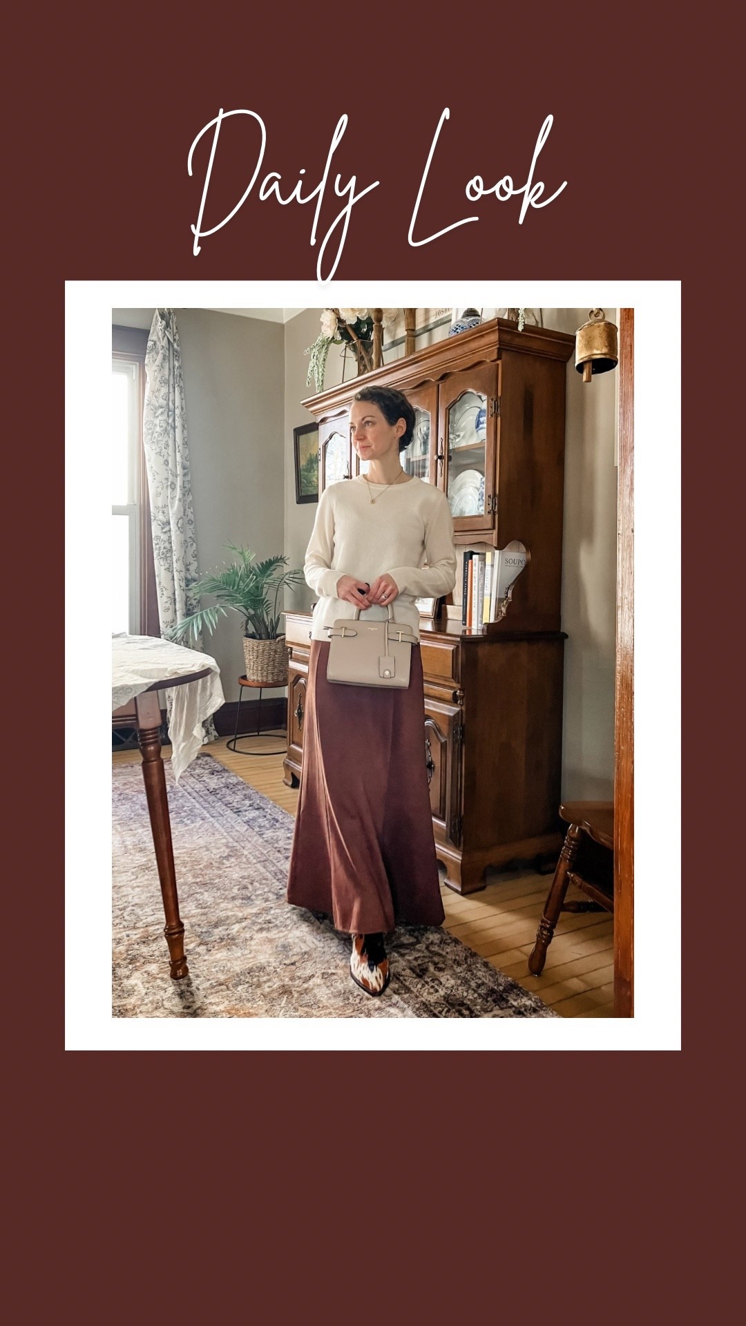My church outfit today- a cream cashmere sweater from Quince, suede maxi skirt from Chicwish, neutral leather bag from Le Tanneur and calf hair boots from Marc Nolan. 
Petite outfit. Classic outfit. Modest outfit. Winter outfit  

#LTKOver40 #LTKmomlife #LTKootd