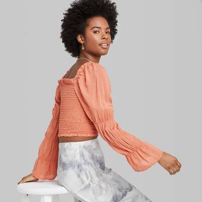 Women's Long Sleeve Square Neck Smocked Top - Wild Fable™ Orange | Target