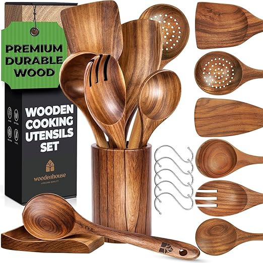 Wooden Utensil Set 8 Pcs – Sturdy & Easy to Clean, Natural Teak Wooden Spoons for Cooking – N... | Amazon (US)