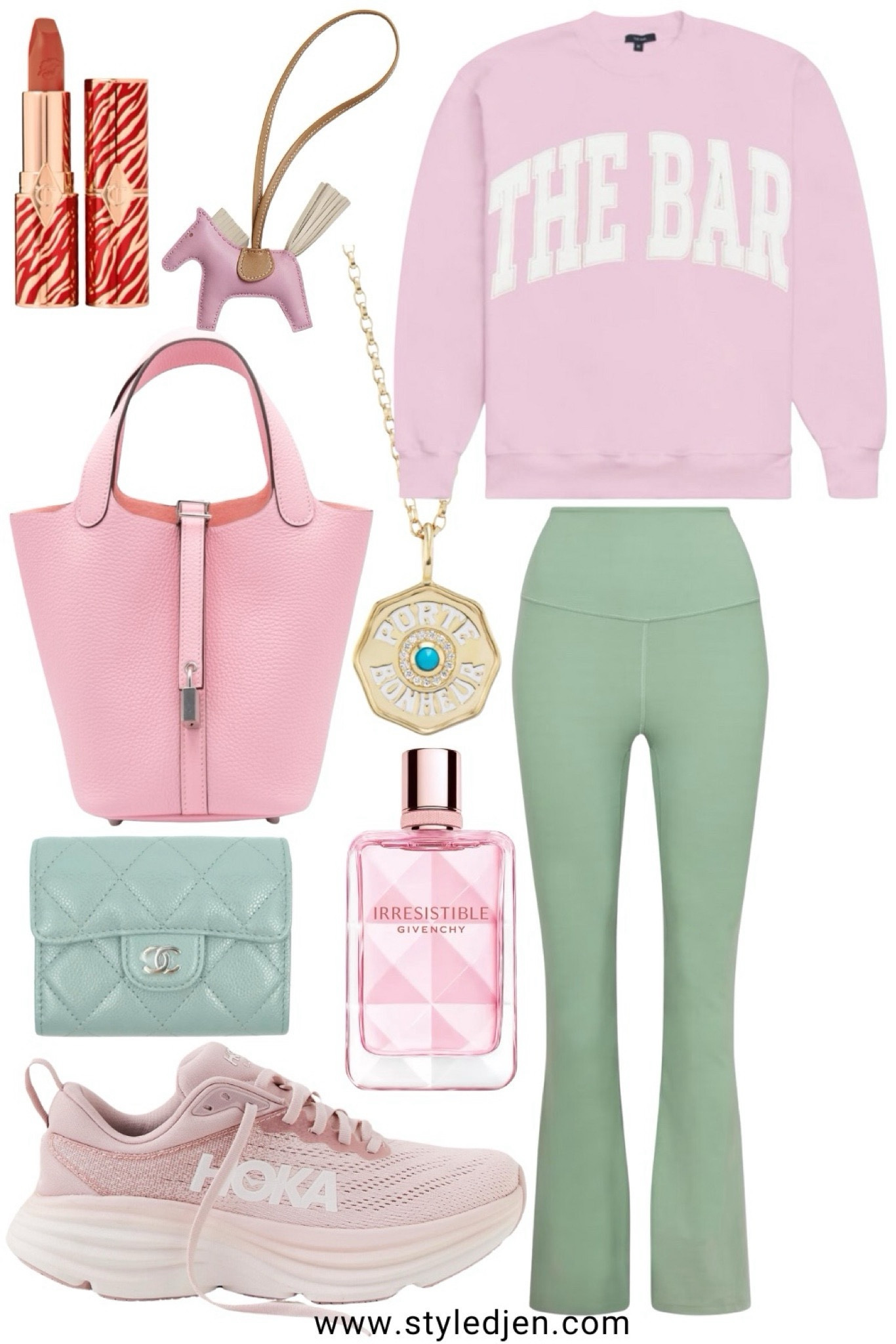 Spring pink and green athleisure lounge outfit - lululemon groove flare leggings in Palm Court (love this shade of green!), the bar pink sweatshirt, pink hoka sneakers, new givenchy perfume is SO amazing and Marlo laz necklace 




#LTKStyleTip #LTKFindsUnder100 #LTKSeasonal