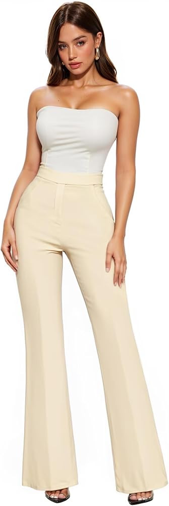 Hybrid & Company Womens Ultra Stretch Ponte Flare Pants-High Rise,Faux Pockets,Pull On,Wrinkle Re... | Amazon (US)