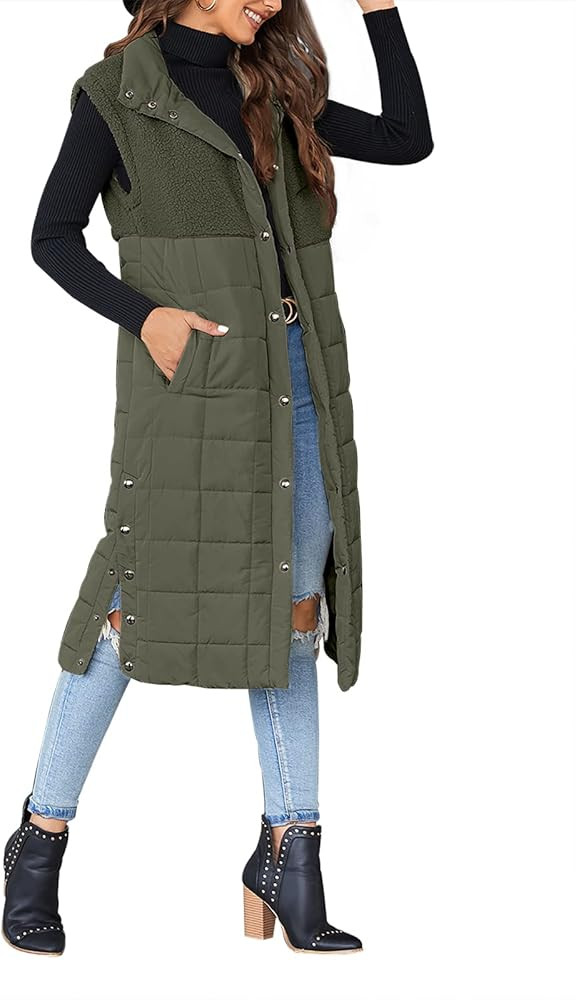 UMEKO Women's Long Puffer Vest Fleece Jacket Winter Button Down Sleeveless Coats | Amazon (US)