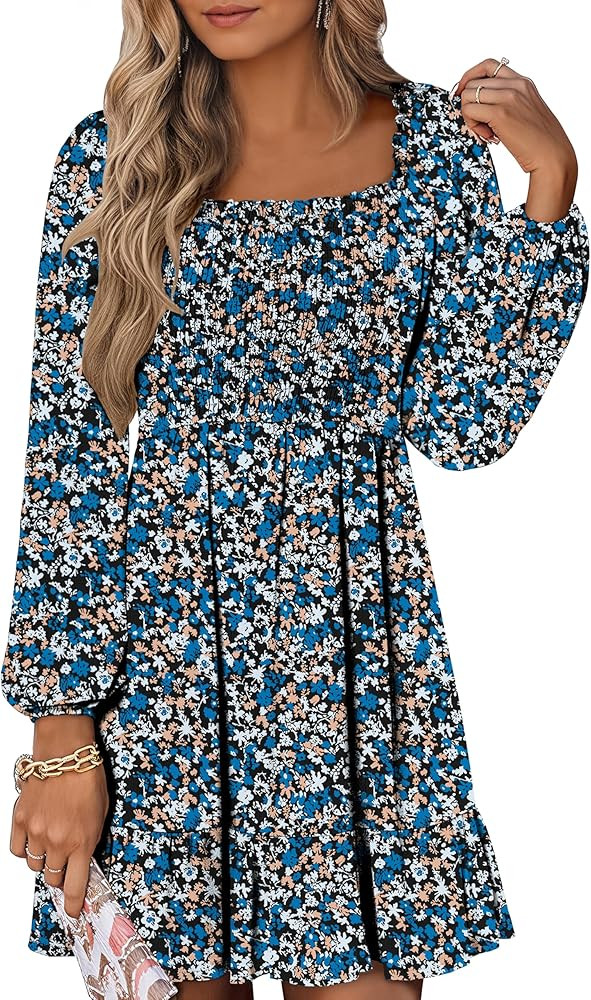 ANRABESS Womens Long Lantern Sleeve Square Neck Dress Smocked Tiered High Waist Ruffle Flowy Swin... | Amazon (US)