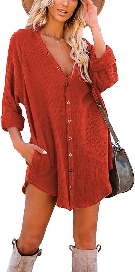 iGENJUN Women's Long Sleeve Button Down Tunic Dresses with Pockets | Amazon (US)