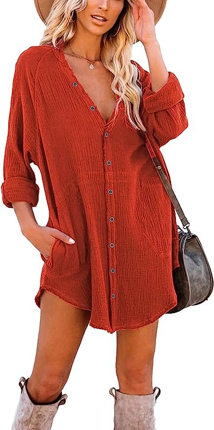 iGENJUN Women's Long Sleeve Button Down Tunic Dresses with Pockets | Amazon (US)