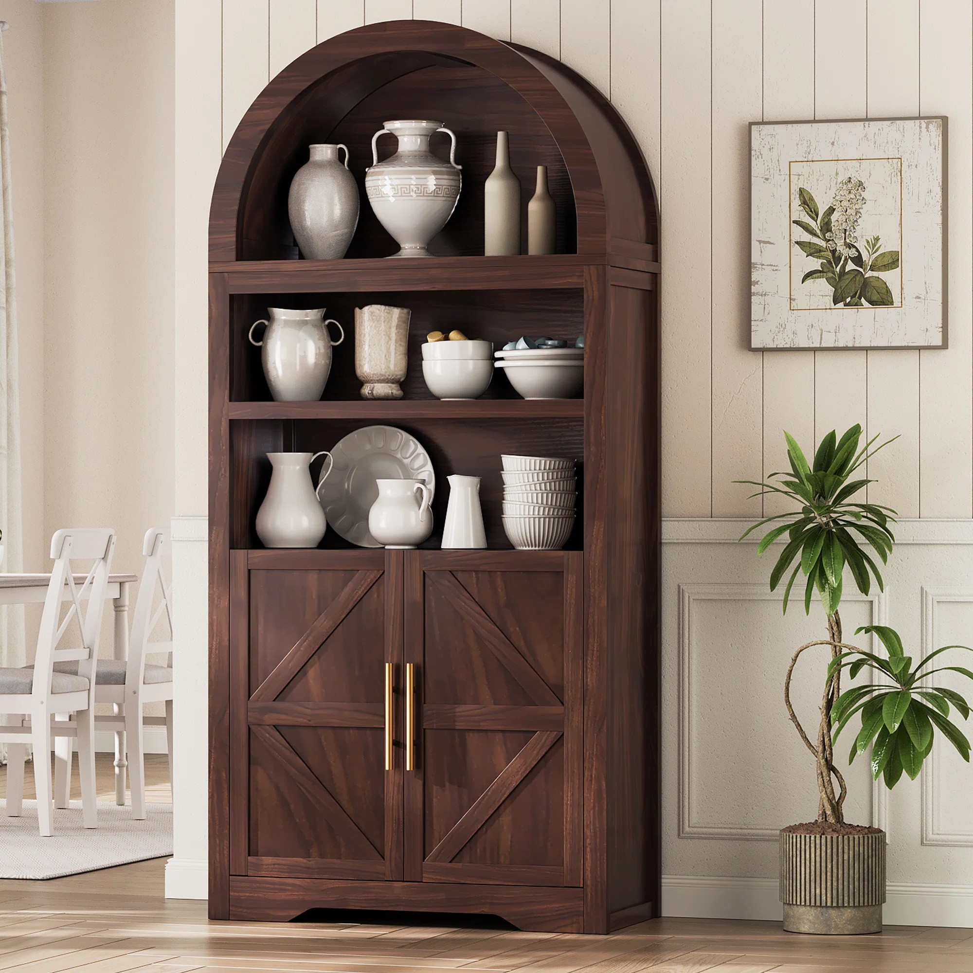 70.9" Tall Elowen Arched Display Storage Bookcase With Open Shelves And Cabinet | Wayfair North America