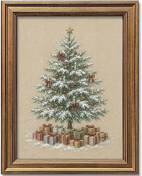 Christmas Tree Wall Art Vintage Gold Framed Wall Decor Rustic Winter Picture Painting for Farmhou... | Amazon (US)