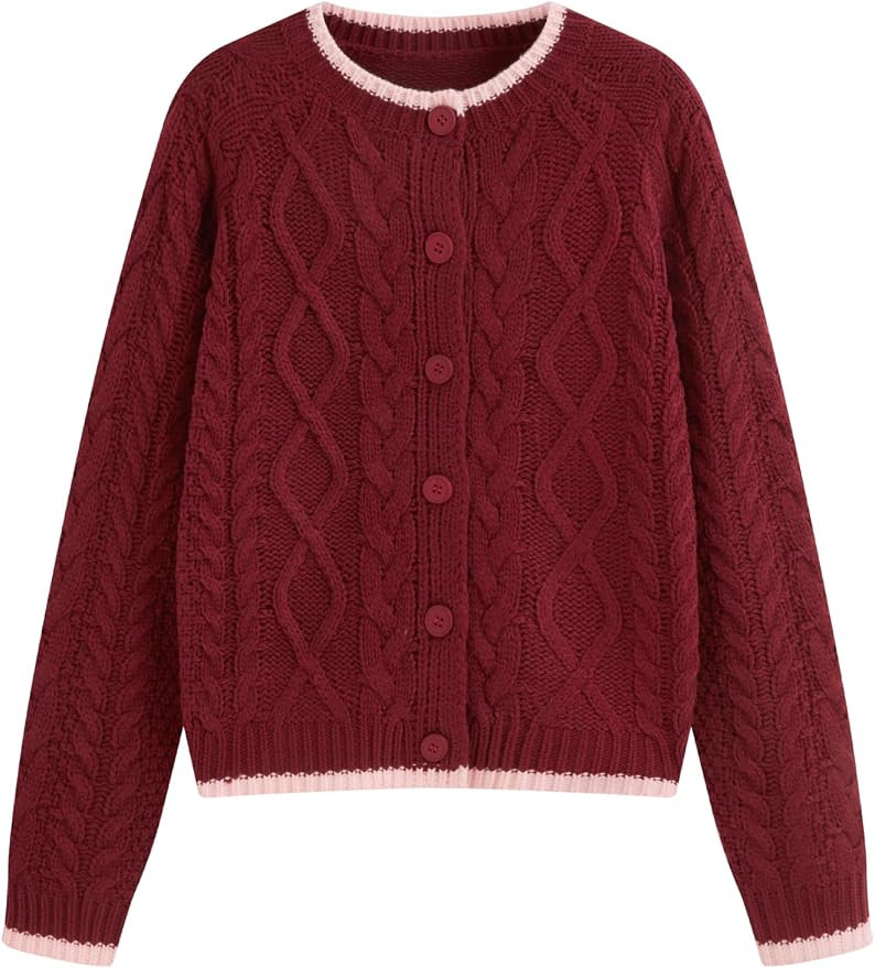 CIDER Cable Knit Red Cardigan Sweaters for Women Cropped Knitwear | Amazon (US)