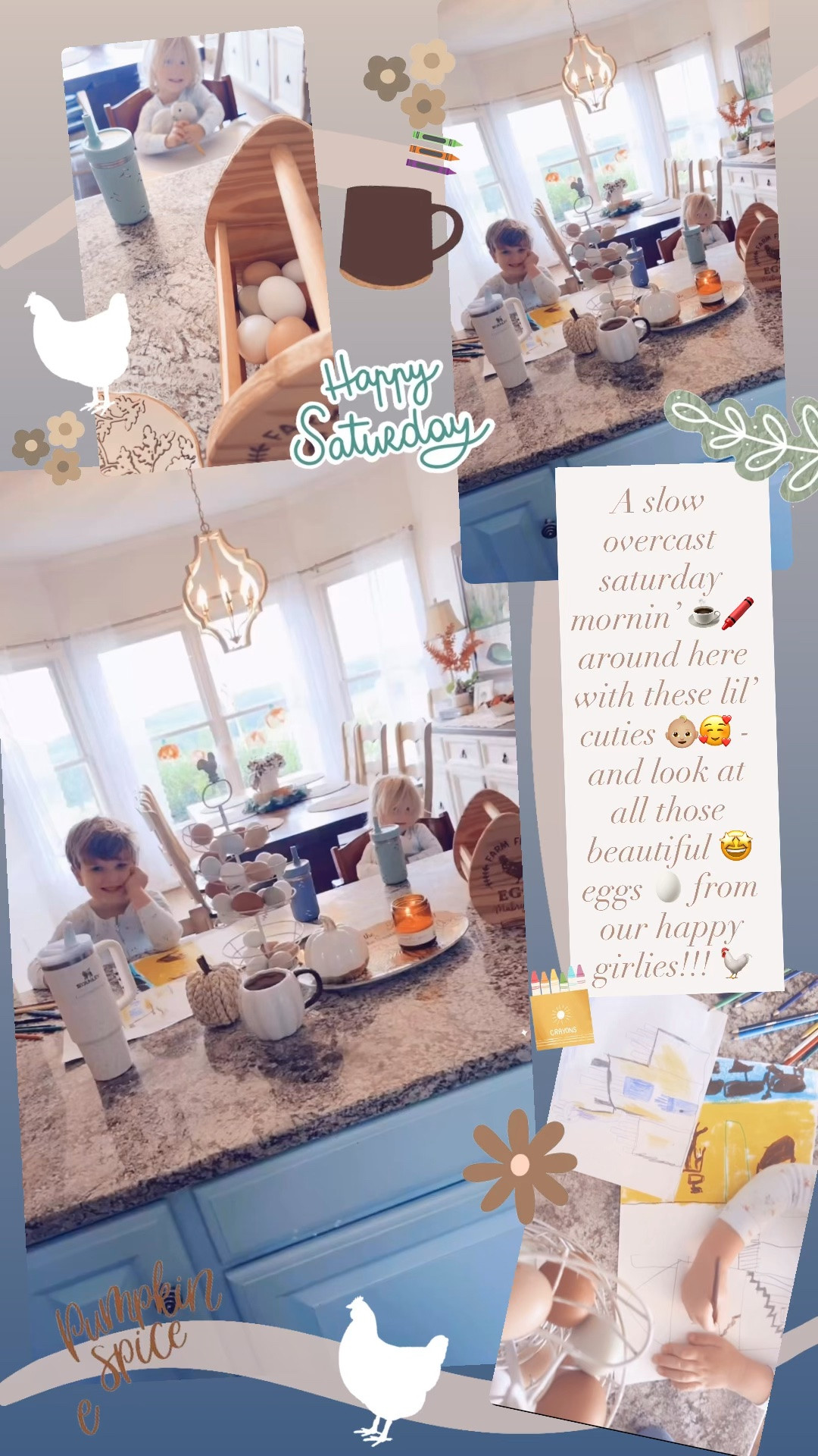 A slow overcast saturday mornin’ ☕️🖍️around here with these lil’ cuties 👶🏼🥰 - and look at all those beautiful 🤩 eggs 🥚 from our happy girlies!!! 🐓
