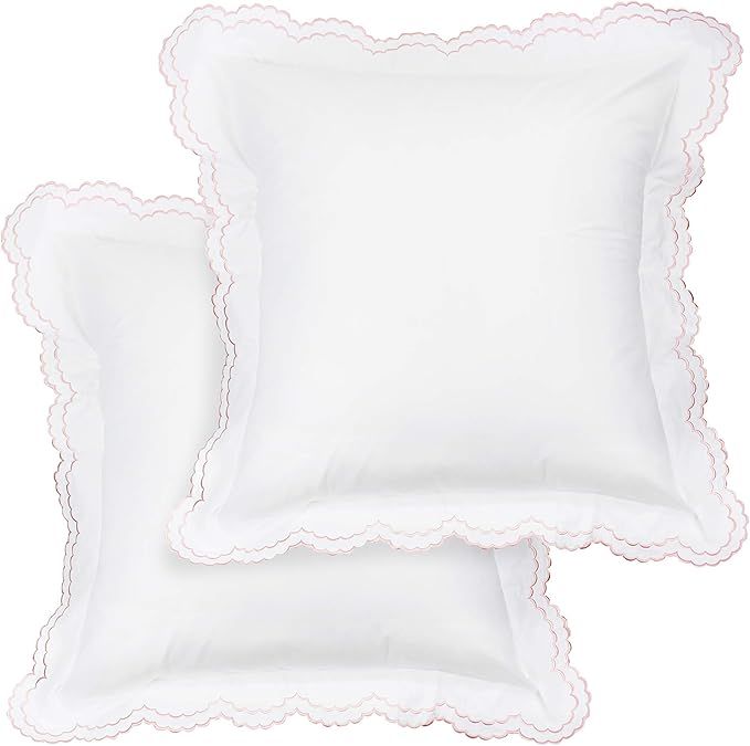 Melange Home Percale Cotton Double Scalloped Embroidered Euro Sham Pair, Cover, Pink on White | Amazon (US)