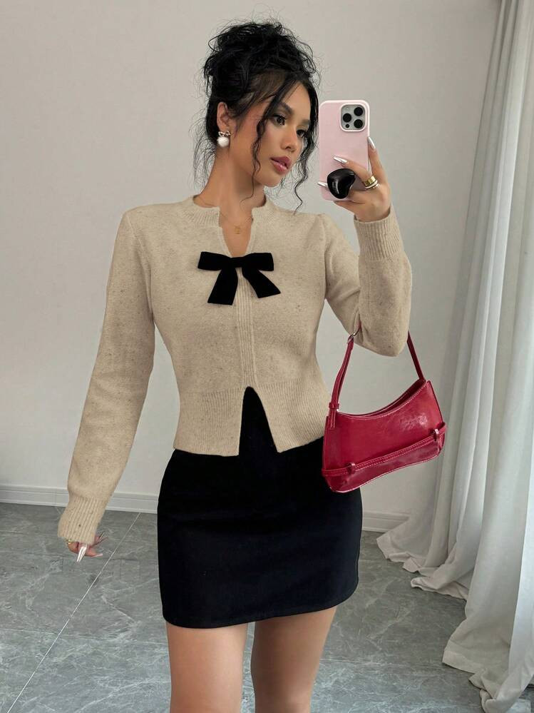 Selianne New Bowknot V-Neck Cropped Pullover Knit Top, Elegant And Graceful Knit Pullover Fall Winter Outfit | SHEIN