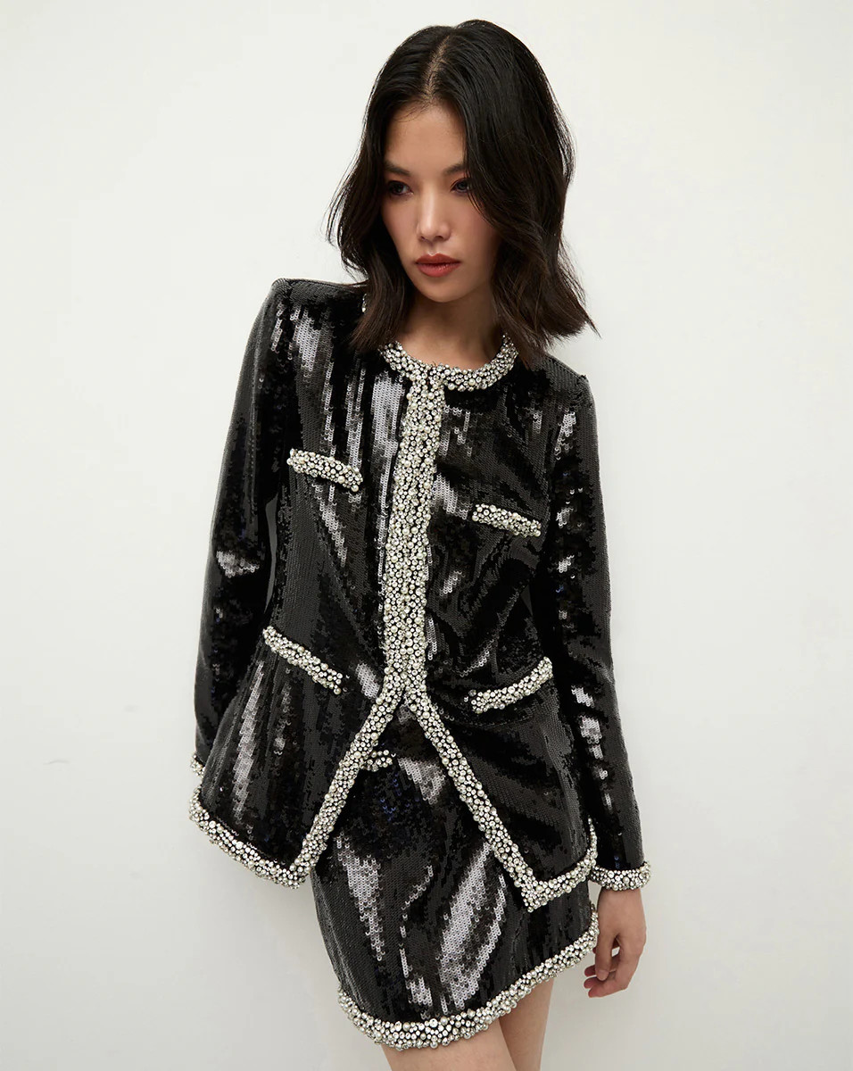 Veronica Beard Alessia Pearl-Trim Sequin Jacket Black | Veronica Beard