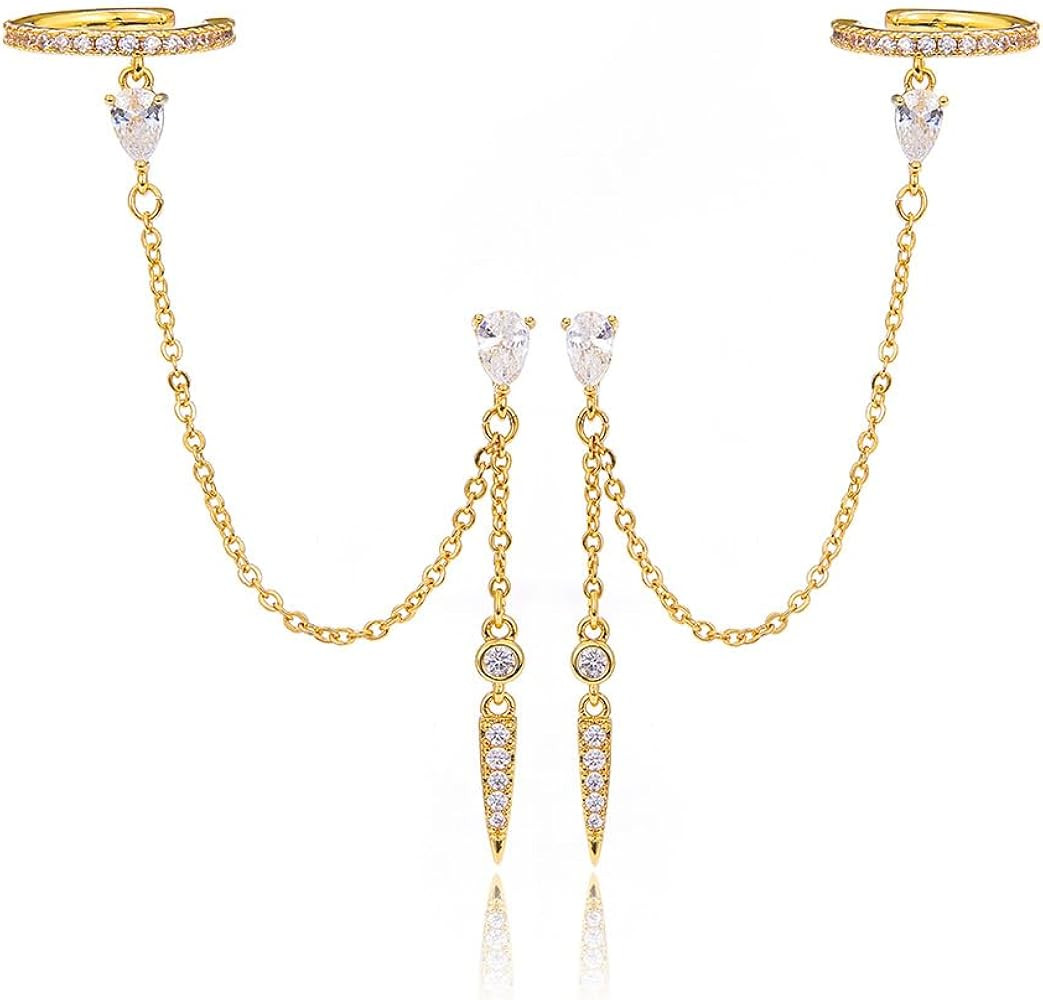 Gold Ear Cuffs for Women Trendy 14K Gold Plated Dangle Chain Hoop Earrings Double Piercing Clip O... | Amazon (US)