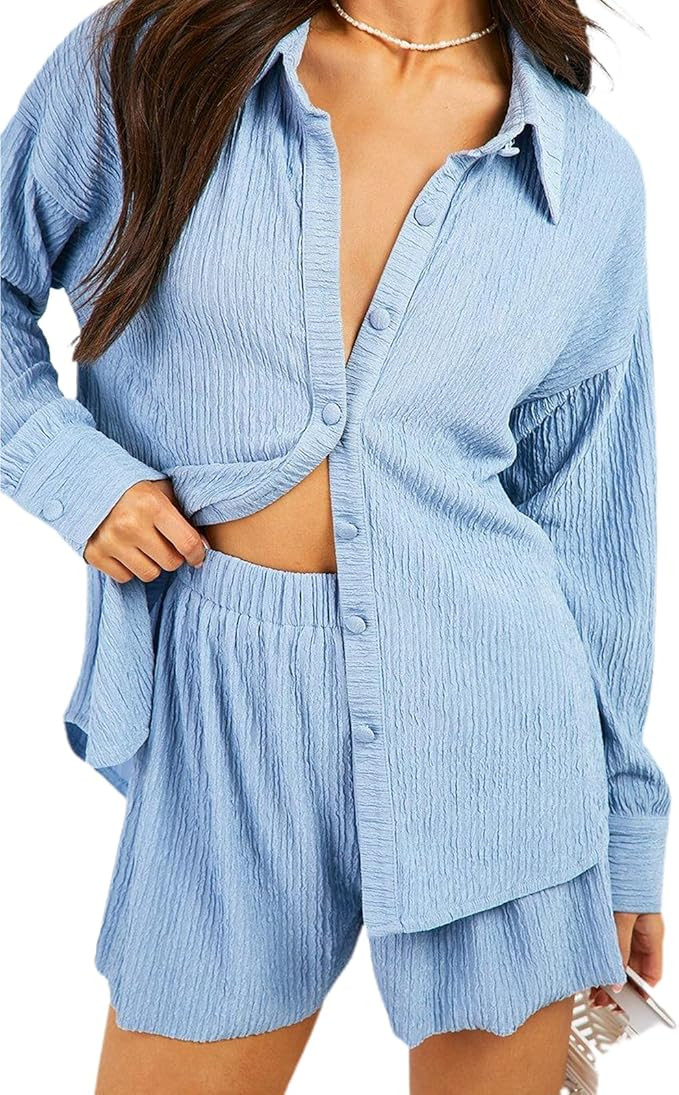 Sunwittafy Womens Casual 2 Piece Outfits Shorts Set Fashion Long Sleeve Button Down Shirt Short P... | Amazon (US)
