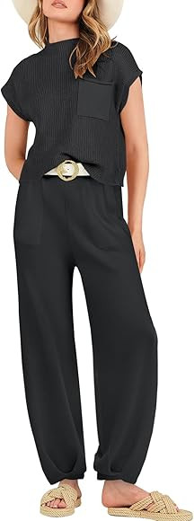 ANRABESS Women's Two Piece Outfits Sweater Sets Knit Pullover Tops and High Waisted Pants Tracksuit  | Amazon (US)