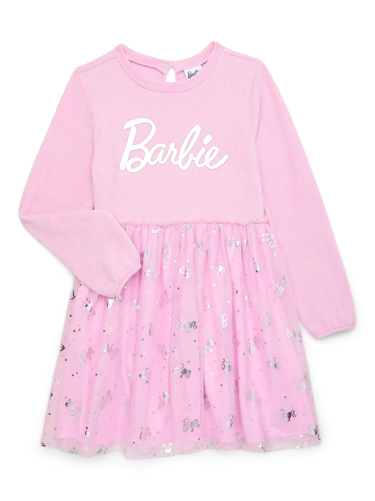 Barbie Girls Mixed Media Dress with Long Sleeves, Sizes 4-12 | Walmart (US)